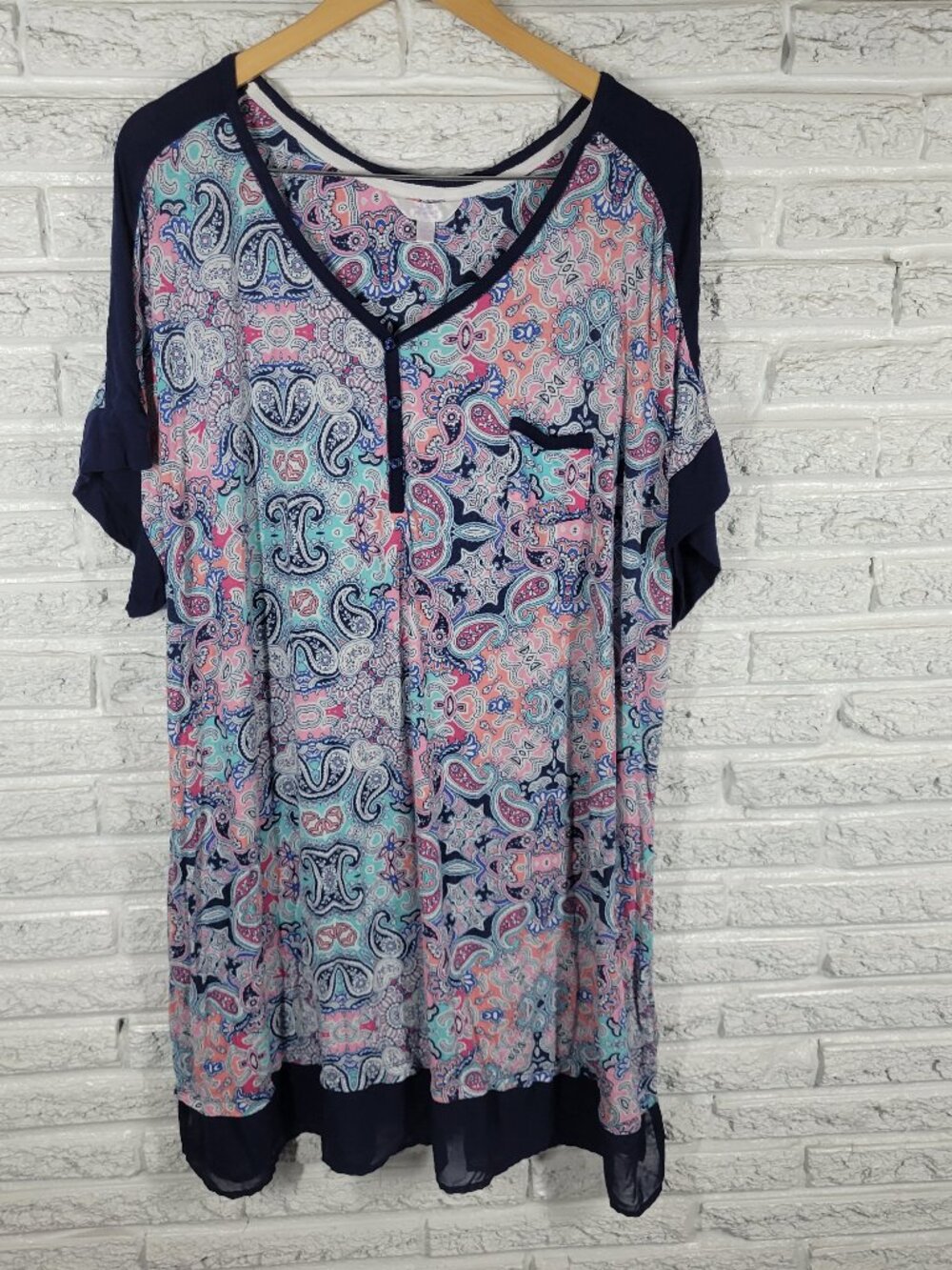 Secret Treasures Paisley Pajama Top 3X Blue Pink V-Neck Short Sleeve PAI36E